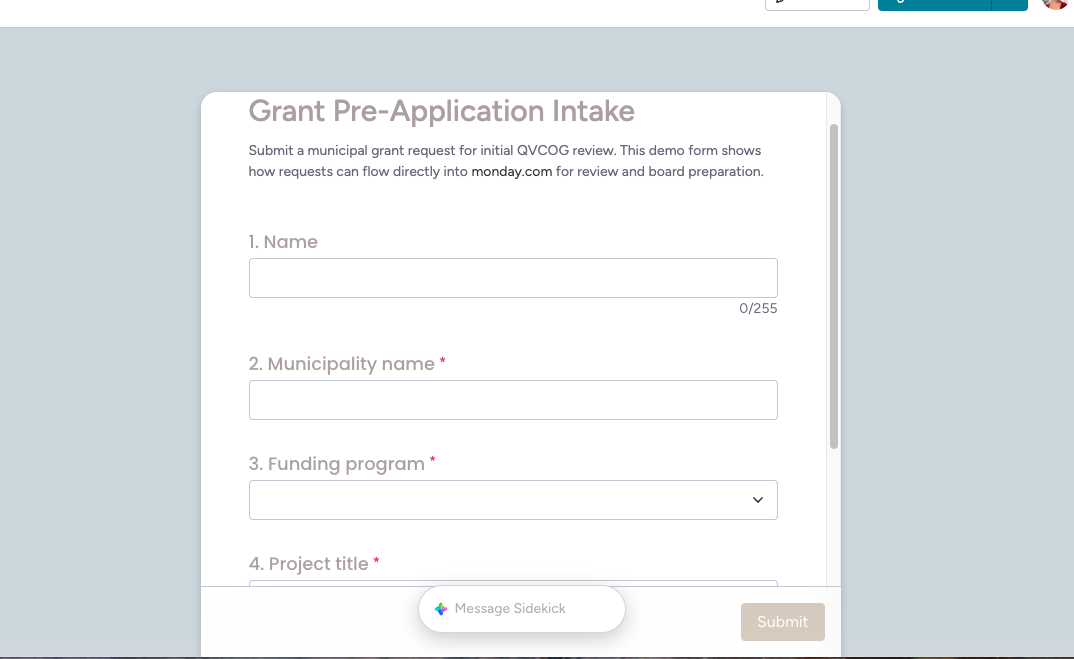 Grant Pre-Application Intake form collecting applicant name, municipality and funding program