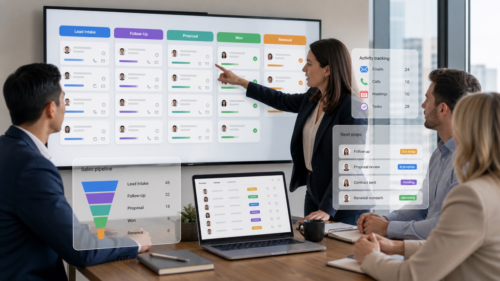 monday CRM pipeline review with lead stages, follow-up tasks, and reporting