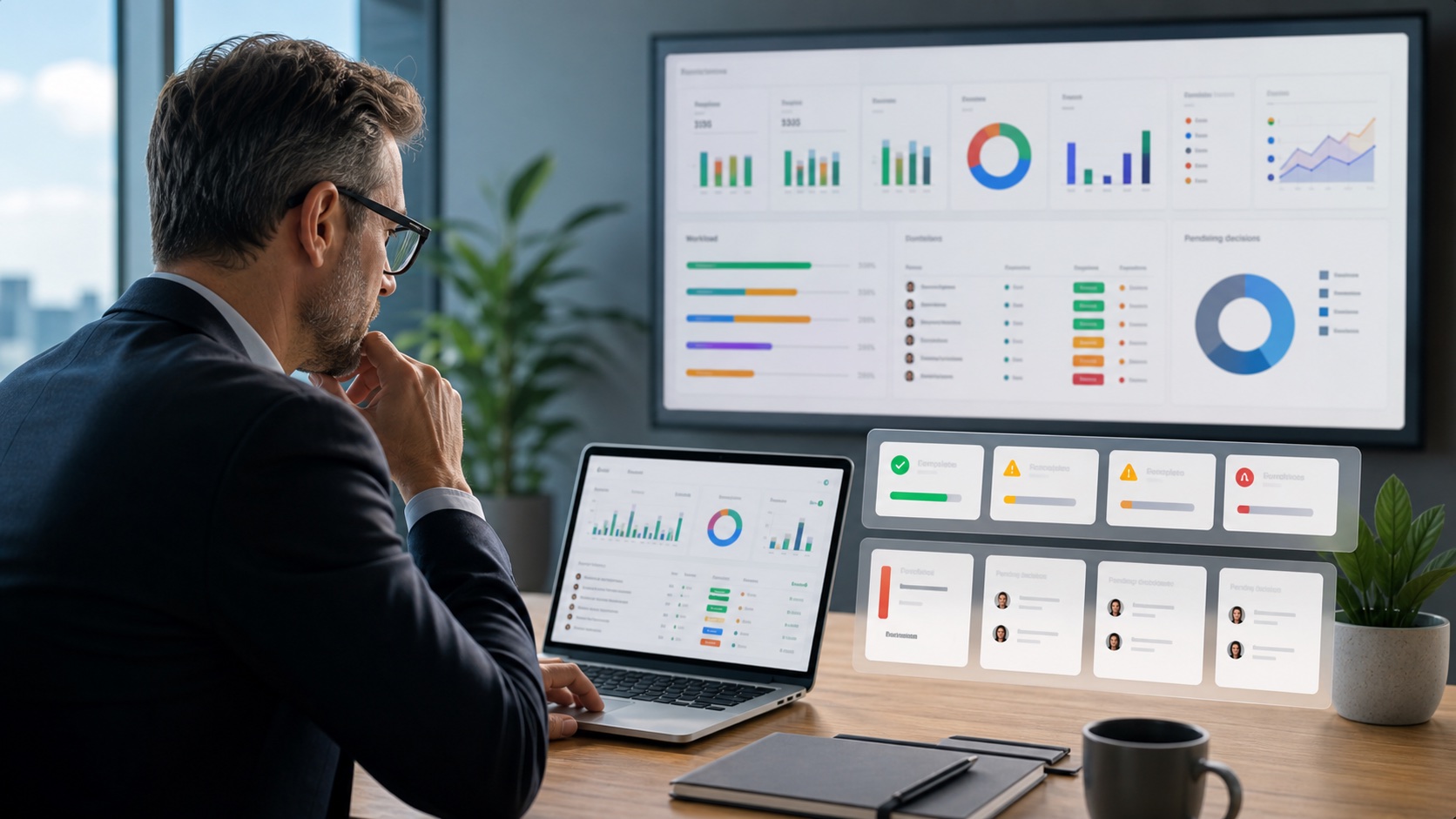 Executive dashboard review with active work, risks, and decisions visible