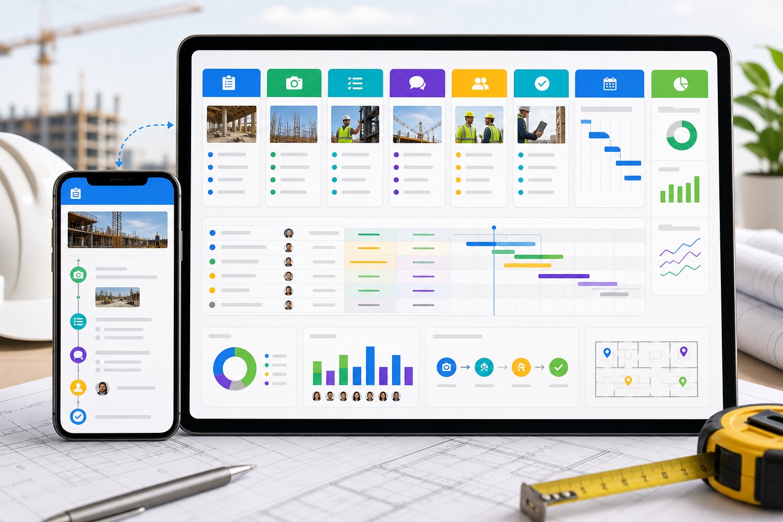 Construction project dashboard with mobile field update workflow